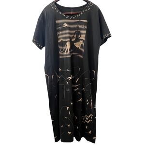 Vintage African Print Black Kaftan T-Shirt Dress OS